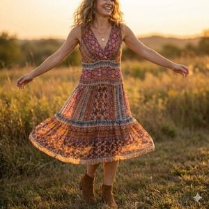 VTG ICE Womens Boho Vacation Beaded Silk Flowy Dress Sz 4 Whimsical Romantic Y2K